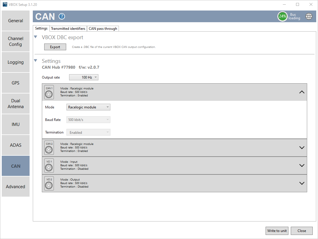 Screenshot of the CAN menu in VBOX Setup when connected to a VBOX 3i and CAN Hub and Settings options expanded