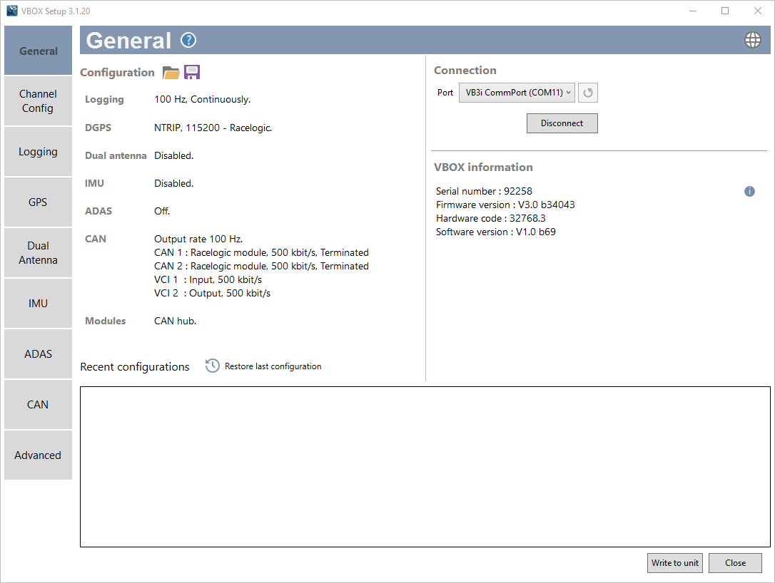 Screenshot of the General menu in VBOX Setup when connected to a VBOX 3i and CAN Hub