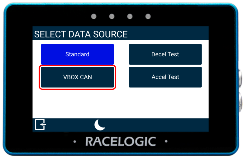 MFD Touch displaying the Select Data Source screen with VBOX CAN as an option.