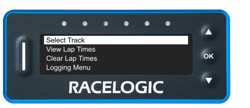 VBOX LapTimer showing the Main Menu with the Select Track option highlighted. 