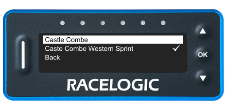 VBOX LapTimer showing the Track List with two Castle Combe layout options. Castle Combe is highlighted and Castel Combe Western Sprint is Selected. 