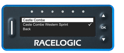 VBOX LapTimer showing the Track List with two Castle Combe layout options. Castle Combe is highlighted and Castel Combe Western Sprint is Selected. 