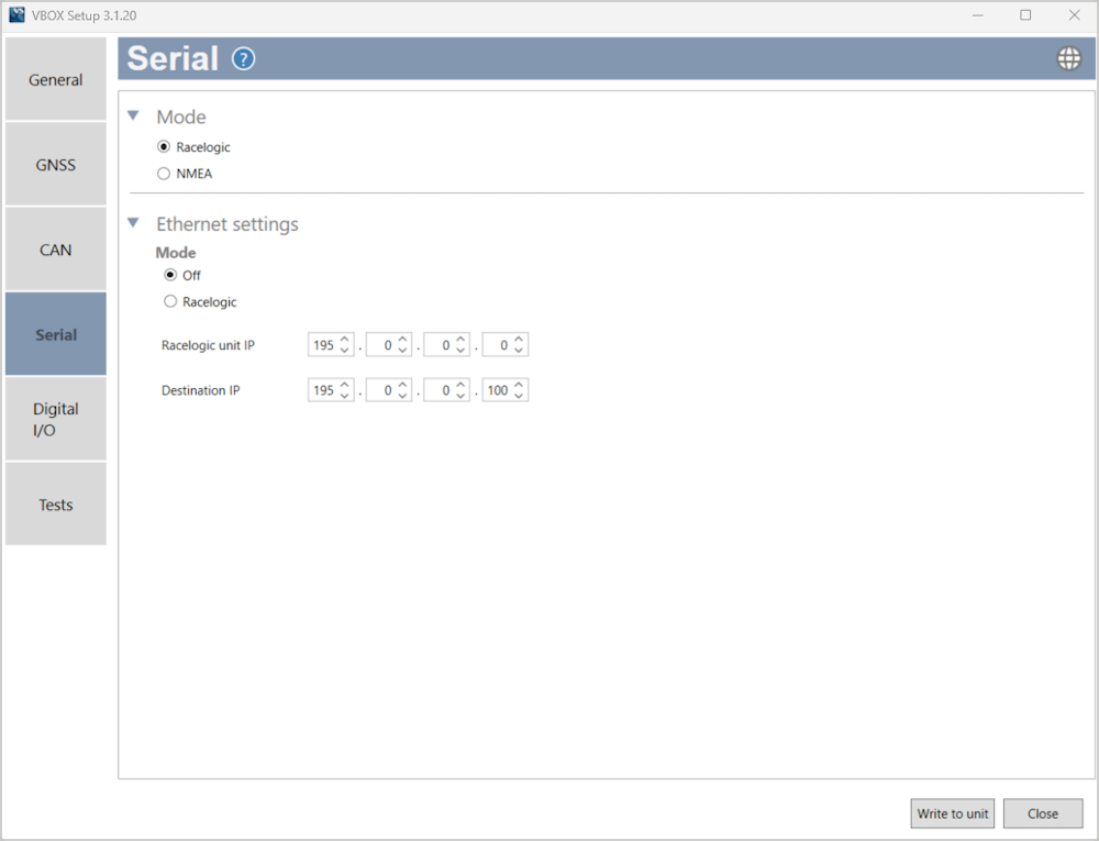 Screenshot of the Serial Menu in VBOX Setup when connected to a VBOX 100 Hz Speed Sensor (v5).