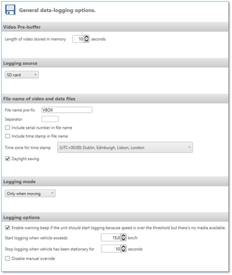 Screenshot of the General Logging Options in VBOX Setup Software (Windows version).