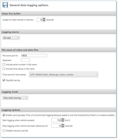 Screenshot of the General Logging Options in VBOX Setup Software (Windows version).