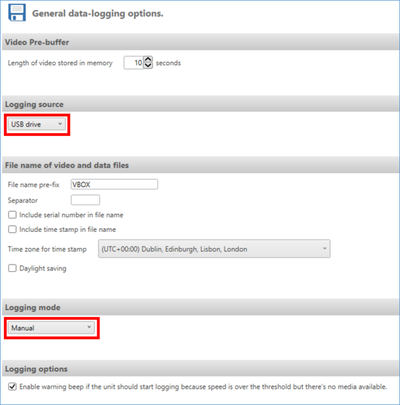 Screenshot of the General Settings area in VBOX Video Setup for Windows with logging options highlighted.