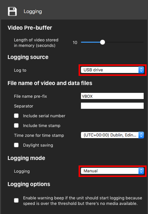 Screenshot of the General Settings area in VBOX Video Setup for macOS with logging options highlighted.