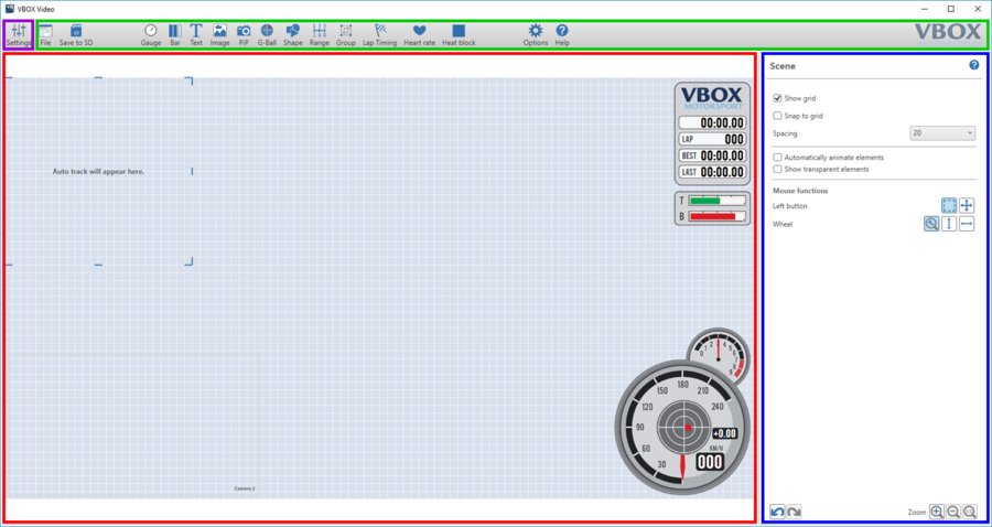 Screenshot of VBOX Video HD2 Setup Software (Windows) with coloured boxes highlighting each area.