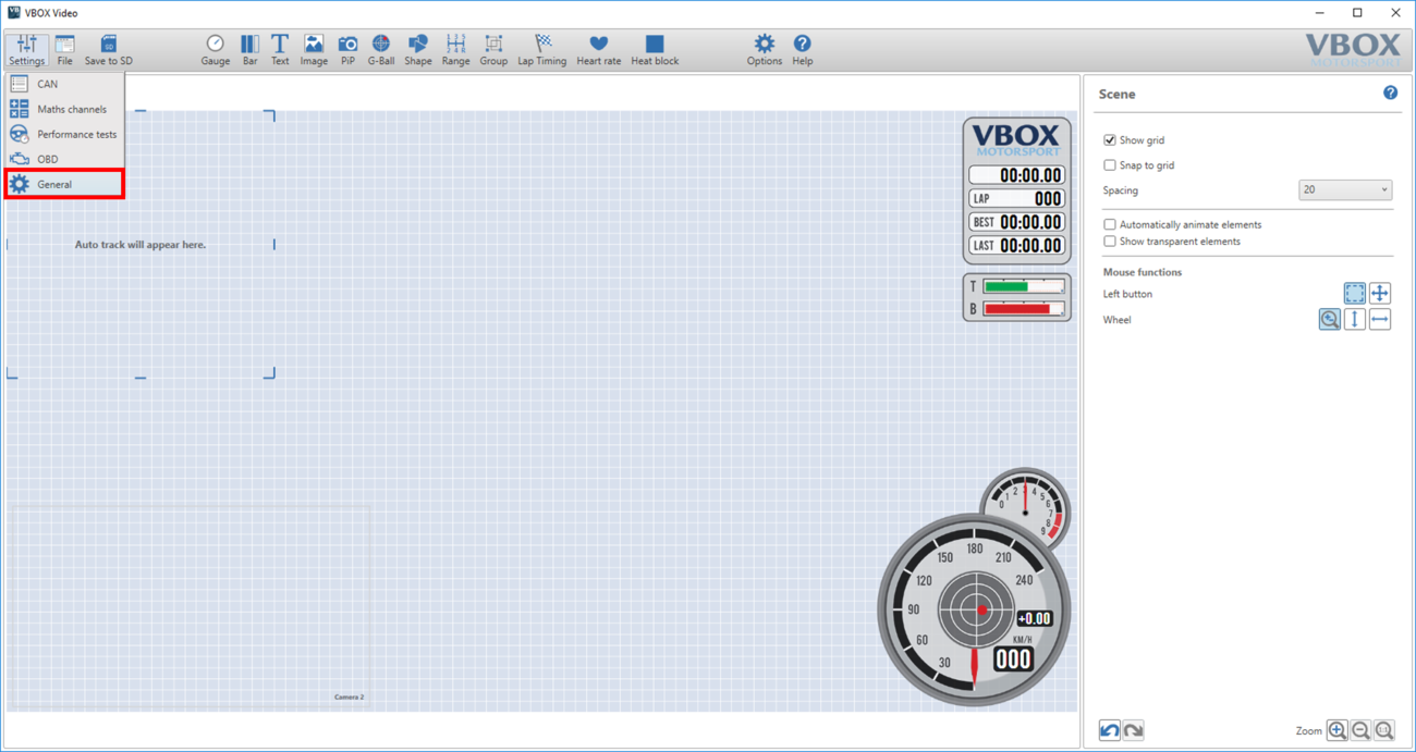 Screenshot of the software with the Settings dropdown visible and General highlighted.