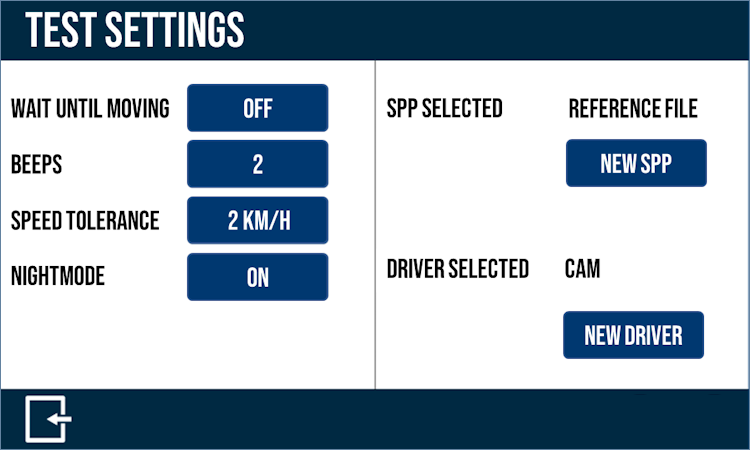 The Test Settings screen in the VBOX Touch Speed Profiler App.
