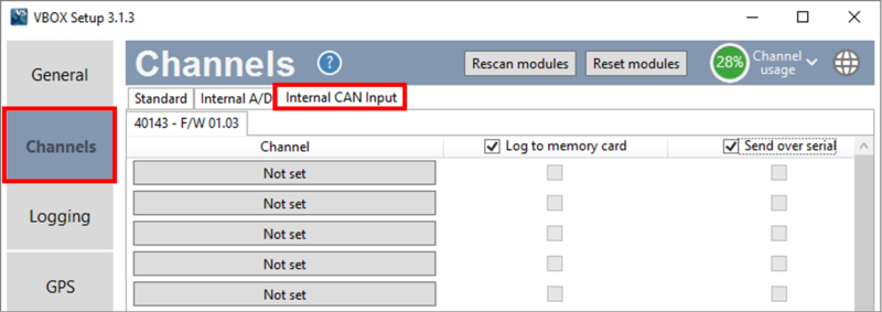 Cropped screenshot of the Channels Menu in VBOX Setup with Channels menu and Internal CAN Input tab highlighted.