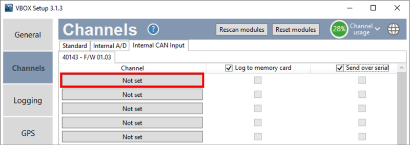 Cropped screenshot of the Channels Menu in VBOX Setup with a 'not set' channel highlighted.