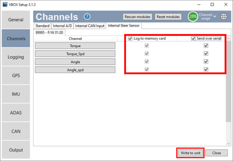 Cropped screenshot of VBOX Setup with Internal Steering Sensor options highlighted.