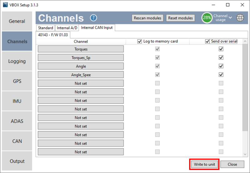 Cropped screenshot of the Channels Menu in VBOX Setup with the 'Write to Unit' button highlighted.