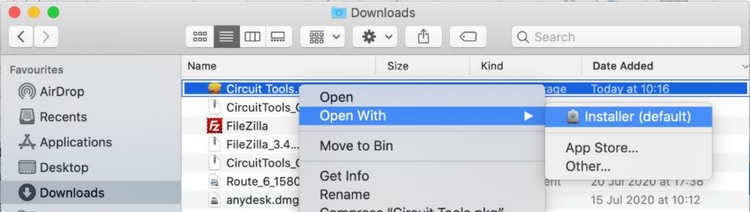 Screenshot of right-click menu of Circuit Tools in the Downloads folder. Open with Installer is highlighted.