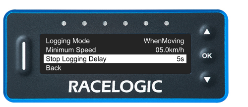 VBOX LapTimer showing the Logging Menu with the Stop Logging Delay option highlighted and set to 5s.