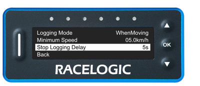 VBOX LapTimer showing the Logging Menu with the Stop Logging Delay option highlighted and set to 5s.