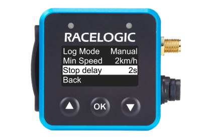VBOX Mini LapTimer showing the settings menu with the Stop Delay option in the Logging Options selected.