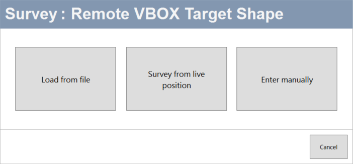 Screenshot of the Survey: Remote VBOX Target Shape window with Load From File, Survey From Live Position and Enter Manually options visible.