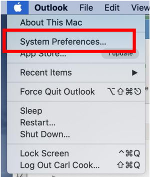Screenshot of the system menu with System Preferences highlighted.