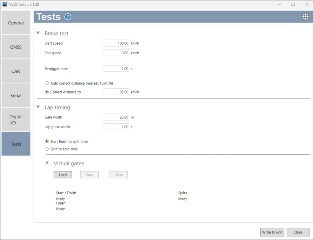 Screenshot of the Tests menu in VBOX Setup when connected to a VBOX 100 Hz Speed Sensor (v5) unit.