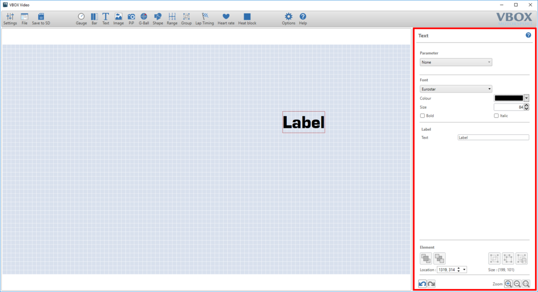 Screenshot of the software with the Text Settings pane highlighted on the right hand side.