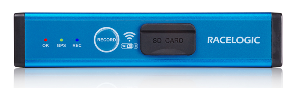 Photograph of a VBOX Video HD2 with all LEDs illuminated. 