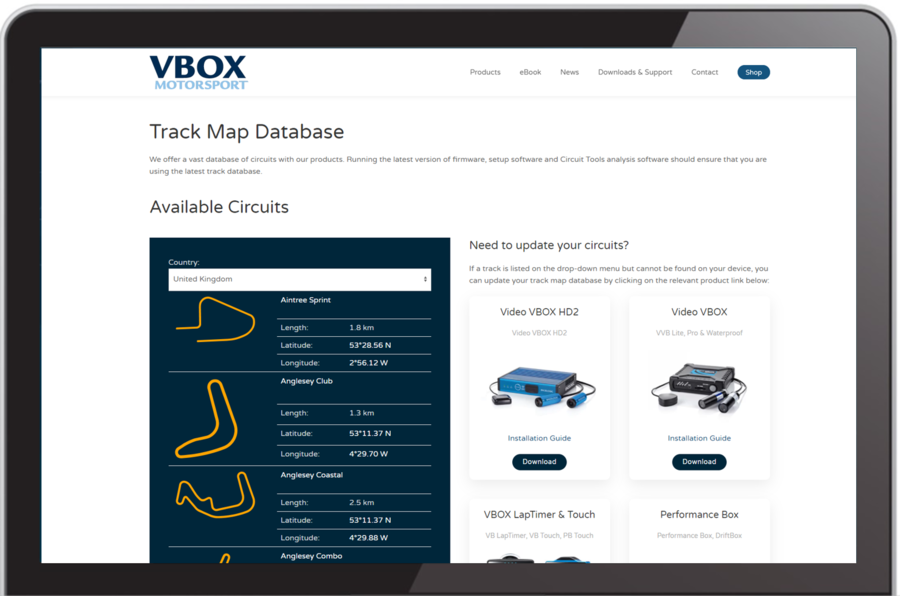 Screenshot of VBOX Motorsport website where you can download the Track Map Database