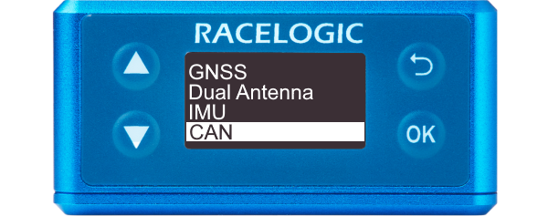 Illustration of a VBOX 3iS displaying the main menu with CAN highlighted.