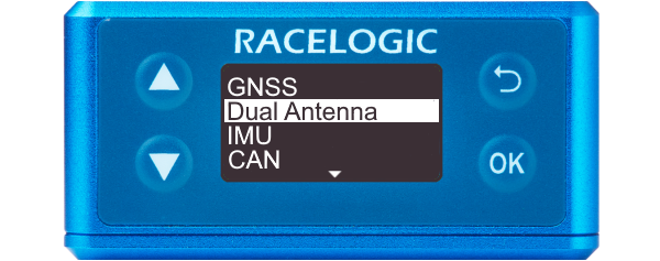 Illustration of a VBOX 3iS Dual Antenna RTK displaying the main menu with Dual Antenna highlighted.