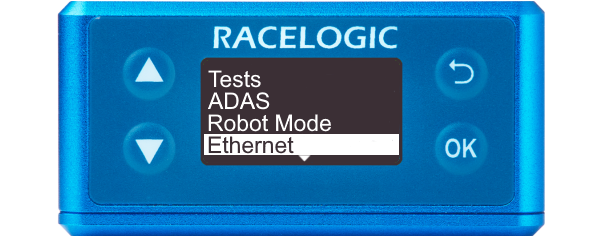Illustration of a VBOX 3iS displaying the main menu with Ethernet highlighted.