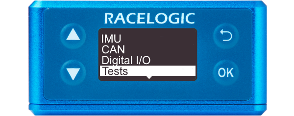 Illustration of a VBOX 3iS displaying the main menu with Tests highlighted.