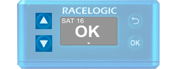 Illustration of the front of a VBOX Omega with the UP and DOWN arrow buttons highlighted.
