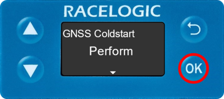 Illustration of the Front Panel of a VBOX Speed Sensor displaying the GNSS Coldstart screen with Perform displayed. The OK button on the unit is highlighted with a red circle.