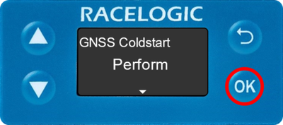 Illustration of the Front Panel of a VBOX Speed Sensor displaying the GNSS Coldstart screen with Perform displayed. The OK button on the unit is highlighted with a red circle.