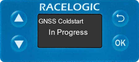 Illustration of the Front Panel of a VBOX Speed Sensor displaying the GNSS Coldstart screen with In Progress displayed.
