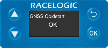 Illustration of the Front Panel of a VBOX Speed Sensor displaying the GNSS Coldstart screen with OK displayed.