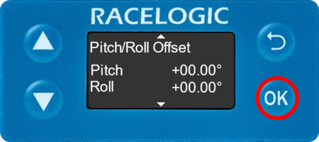 Illustration of the Pitch/Roll Offset screen with the OK button highlighted.