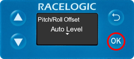 Illustration of the Pitch/Roll Offset screen with Auto Level displayed and the OK button highlighted.