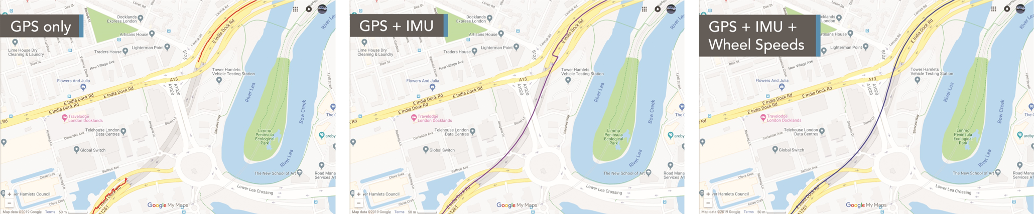 Images showing the accuracy of data using GPS only, GPS plus IMU, and GPS plus IMU plus Wheel Speed inputs.