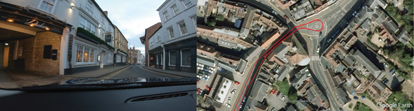 Collage of two images showing a trace through a built-up urban area.