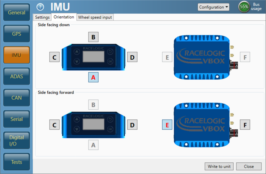 IMU Orientation screen in VBOX Setup.