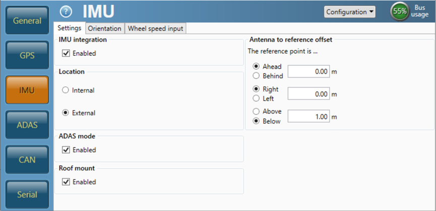 IMU Menu in VBOX Setup.