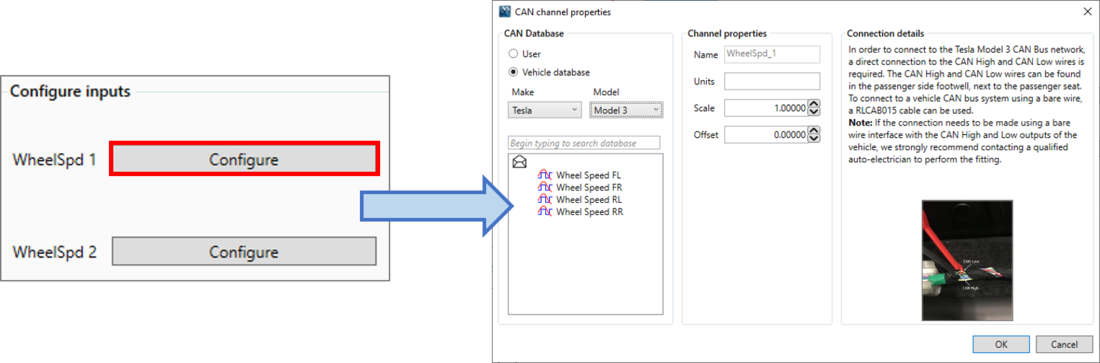 Screenshots demonstrating how to configure wheel speed inputs. 