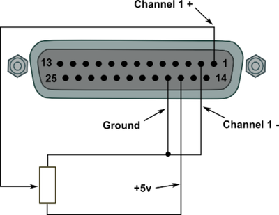 Diagram of the connector showing pins for Analogue Inputs using Volts.