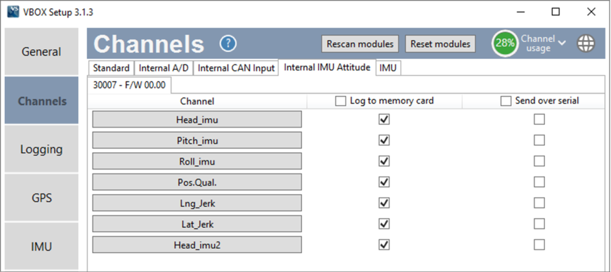 VB3i VBOX Setup Channels Internal IMU