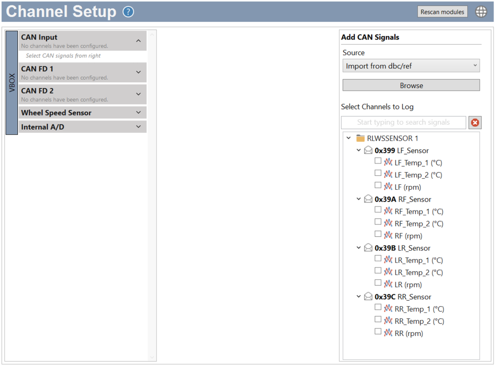 Screenshot of the Channel Setup menu in VBOX Setup with the Wheel Speed Sensor DBC file loaded.
