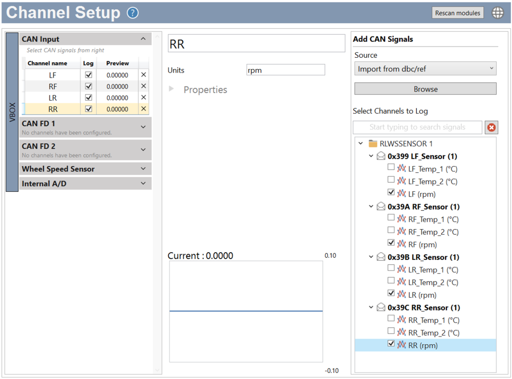 Screenshot of the Channel Setup menu in VBOX Setup with the Wheel Speed Sensor DBC file selected.