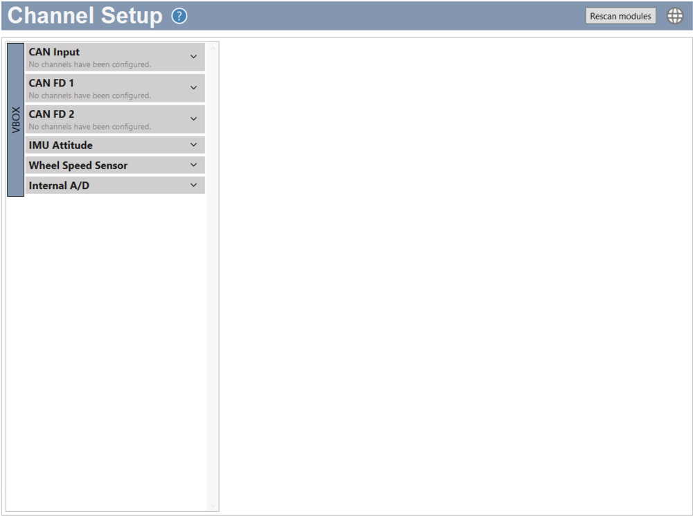 Screenshot of the Channel Setup Menu in VBOX Setup when connected to a VBOX 4 and Wireless Wheel Speed Sensors.