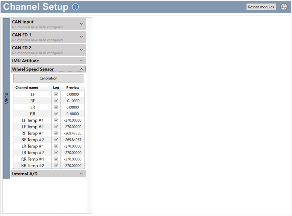 Screenshot of Wheel Speed Sensor Channels expanded in the Channel Setup menu.